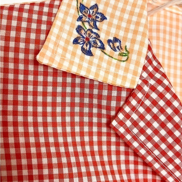 VINTAGE 70s Short Sleeve Patchwork Gingham Lace Trim Floral Ladybug Button Shirt - Picture 6 of 6